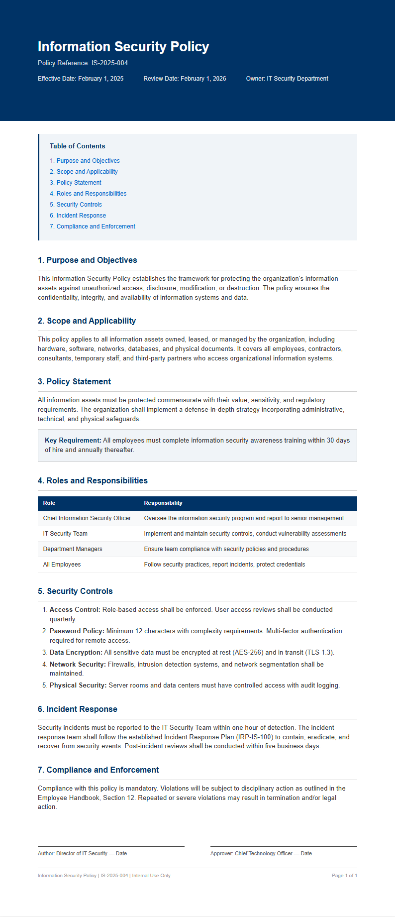 Corporate standard policy with blue header